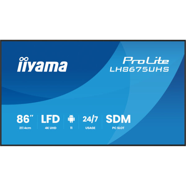 85.6" 16:9 IPS РК дісплей, 3840х2160, 24/7, 500 кд /м2, ОС Android 11,  3xHDMI 2.0/1xDP/1xDP Out/2xUS LH8675UHS-B2AG